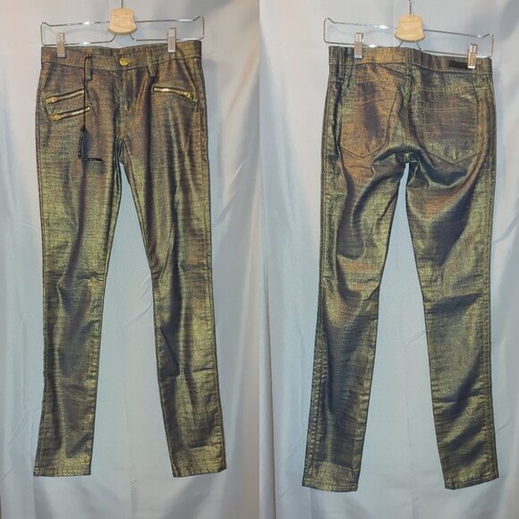 Blank NYC Skinnie Classique New Black Gold Metallic Moto Zipper Detail 25 Skinny - Picture 1 of 12